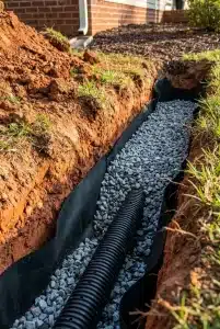 French drain installation in Atlanta GA showing gravel backfill and perforated drainage pipe to prevent backyard flooding.