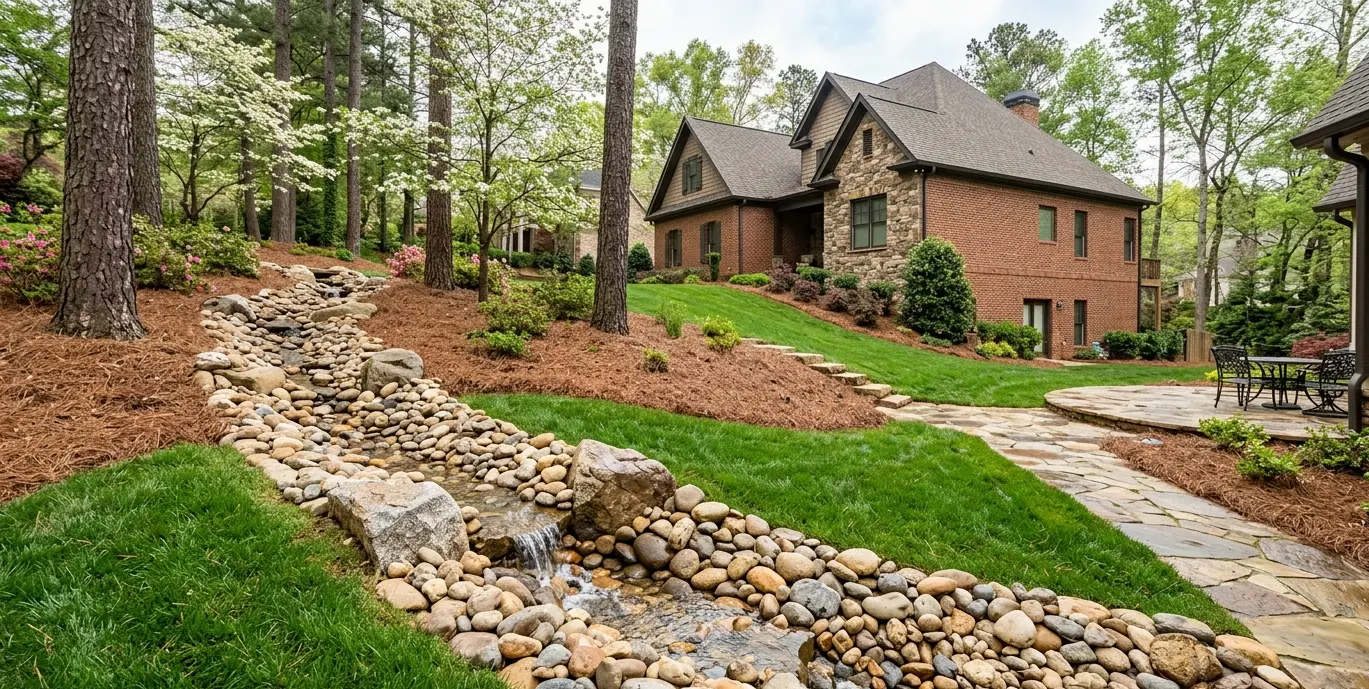 A professionally engineered dry creek bed effectively managing water runoff on a sloped, established Atlanta property after a rainstorm.